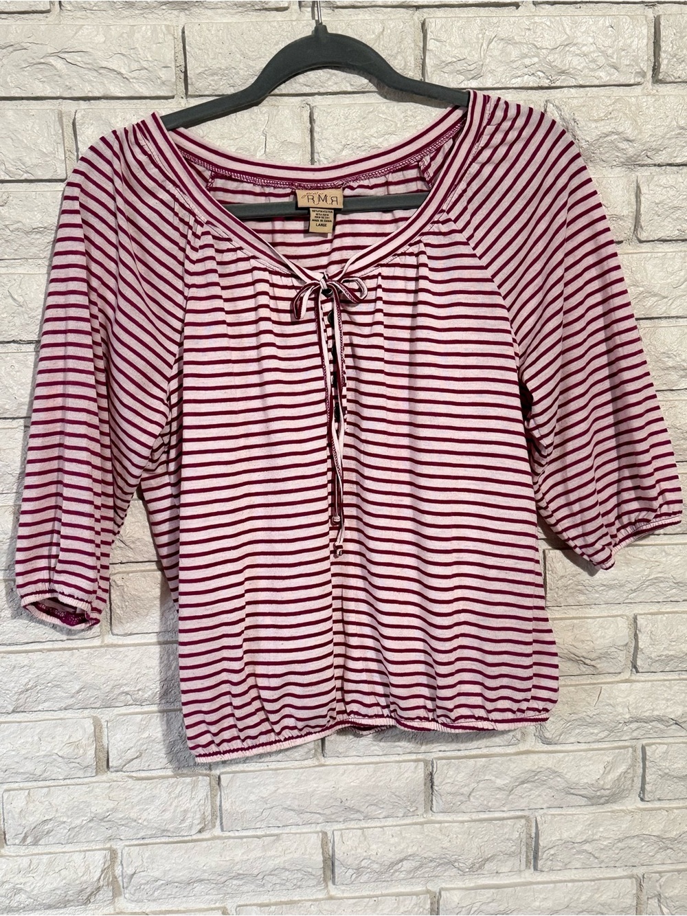 Just a Rumor Burgundy & White Striped Tie-Front Blouse – Size Large